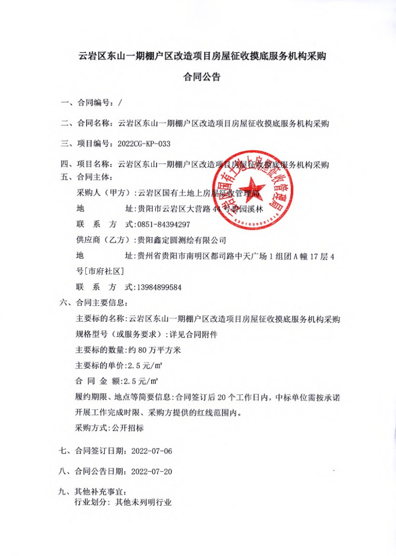 云岩区东山一期棚户区改造项目房屋征收摸底服务机构采购合同公告