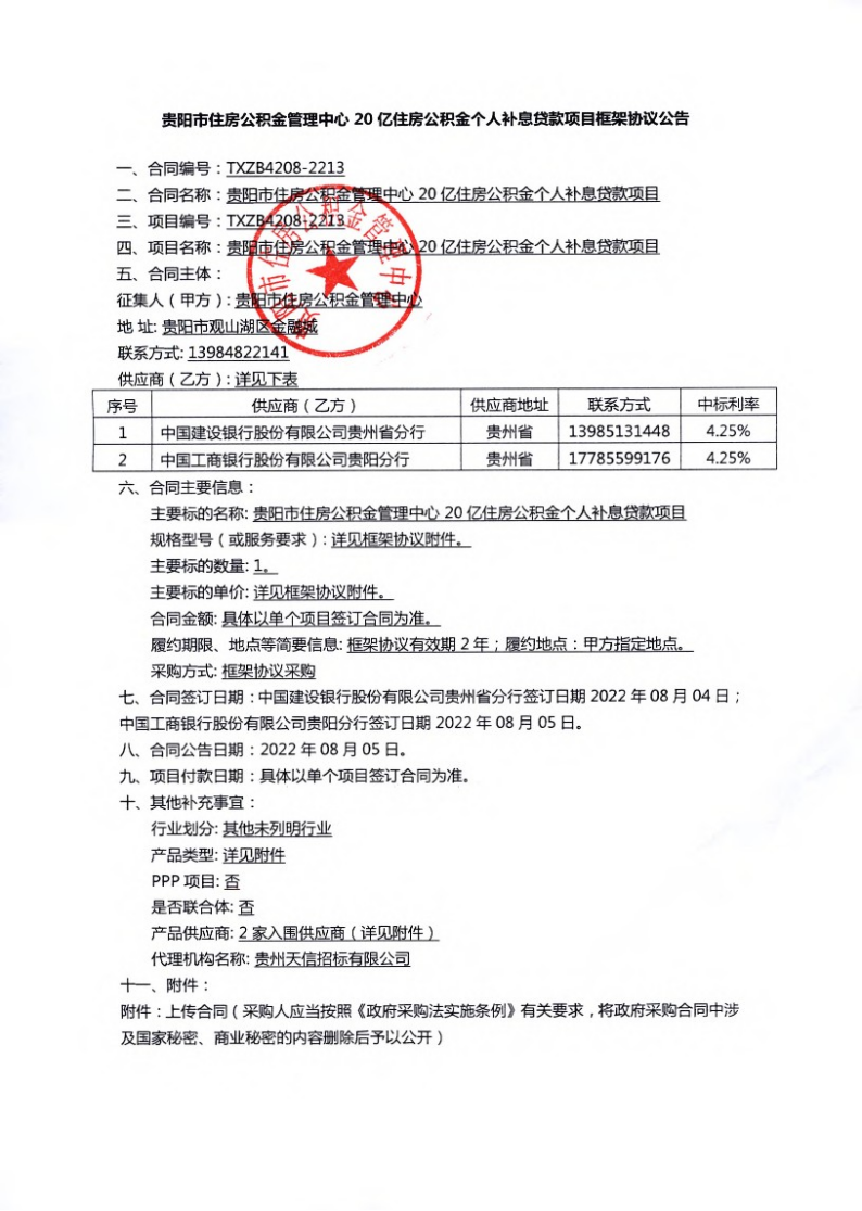 贵阳市住房公积金管理中心20亿住房公积金个人补息贷款项目框架协议公告