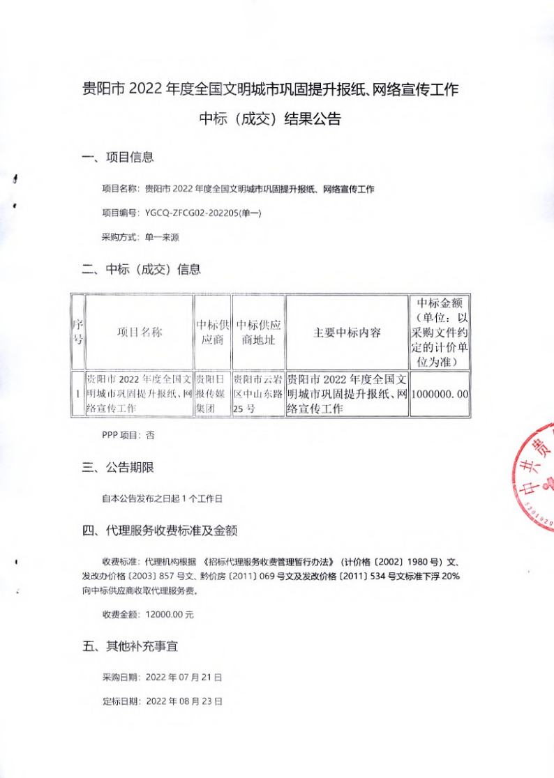 2022年全国文明城市巩固提升报纸、网络宣传工作中标（成交）结果公告