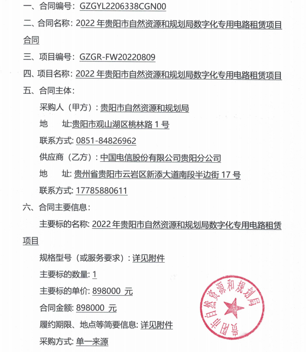 2022年贵阳市自然资源和规划局数字化专用电路租赁项目合同