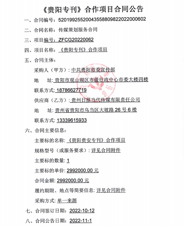 《贵阳专刊》合作项目合同公告