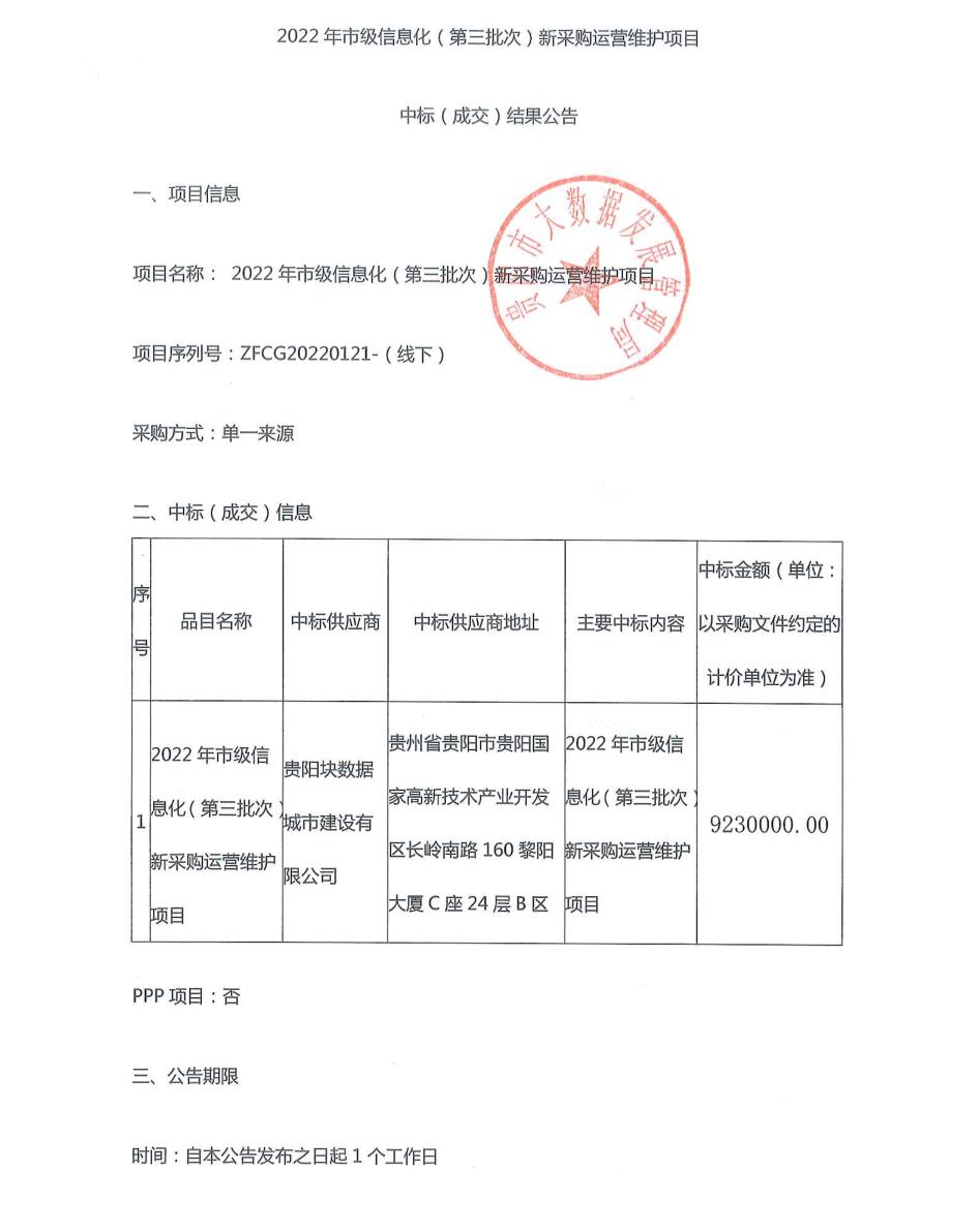 2022年市级信息化（第三批次）新采购运营维护项目中标（成交）结果公告