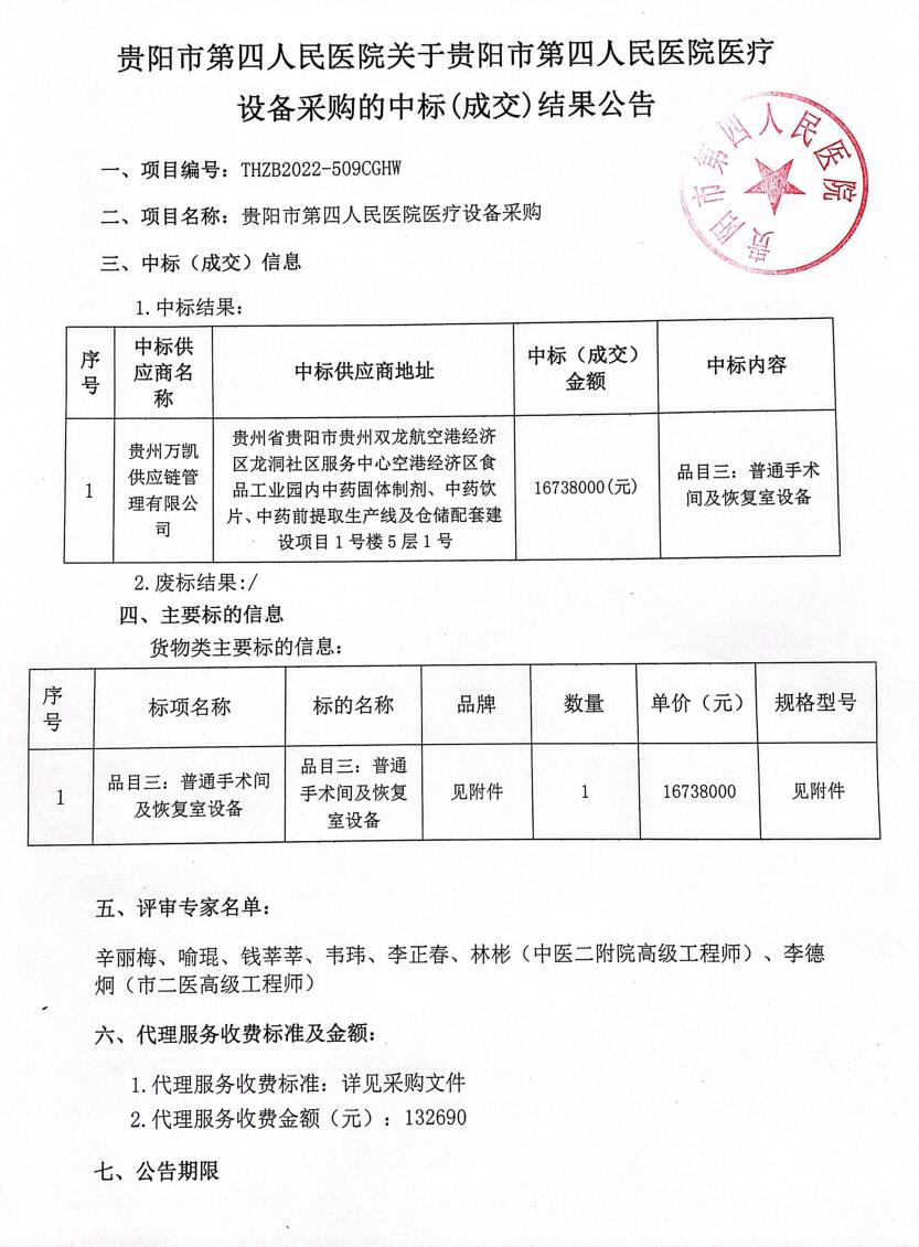 贵阳市第四人民医院医疗设备采购（品目三）中标（成交）结果公告